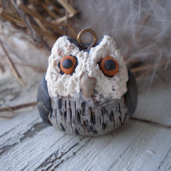 Pigwidgeon Scopes Owl- polymer clay charm sculpture Harry Potter. owl bird bead. necklace pendant. rustic nature. Jettabugjewelry
