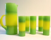 Mod Green and Yellow Pitcher with 5 Ice Tea Glasses - Mid Century Vintage Summertime