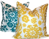 Suzani.Turquoise and Yellow Accent Pillow.SET OF TWO.18x18.Pillow Covers.Printed Fabric Suzani Cushion