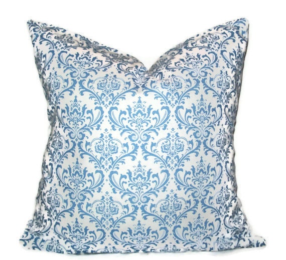 Accent Pillow.16x16 inch.Decorator Pillow Cover.Small Damask Print.Blue.Traditional Print.Pillow Slipcover