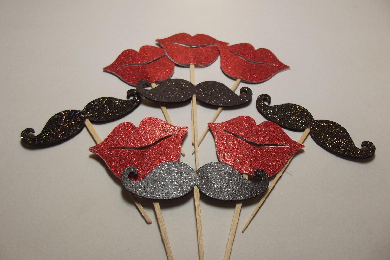 12 Black Glitter Mustache/12 Red Glitter Lips Cupcake Toppers/Food Picks/Party Picks