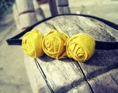 3 Fancy Yellow Vintage  Rosette  on stretchy Black Wide Headband,Baby Headbands, Baby Girl Headband, Newborn Headband
