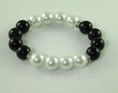 Black Swarovski Pearl, White Pearl Stretch Bracelet Rhinestone Accents