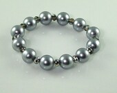 Grey Glass Pearl Stretch Bracelet with Silver/Gray Crystal Accents
