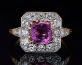 Spectacular no heat natural pink sapphire and diamond rare Art Deco French ring