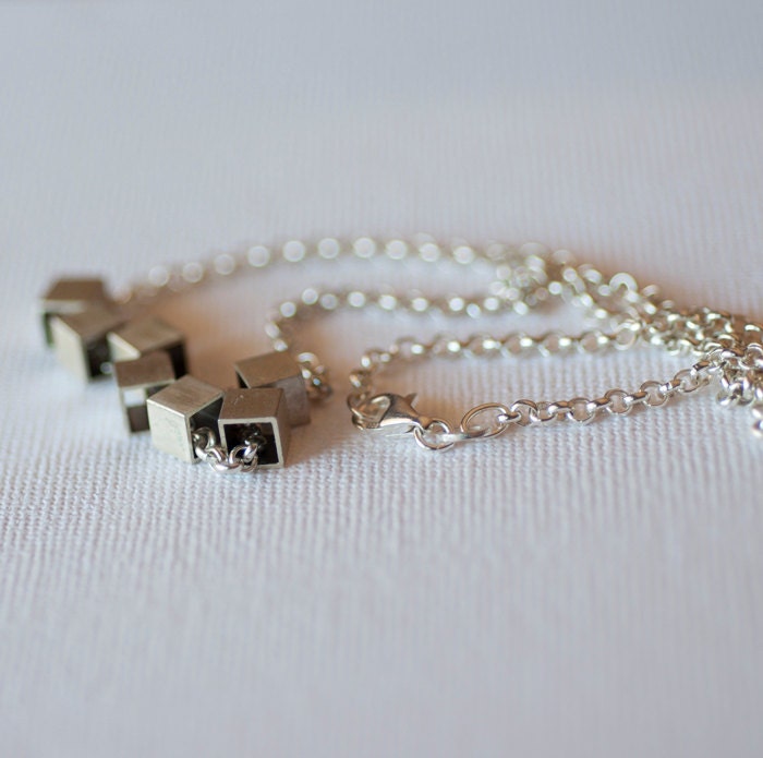 Sterling silver geometric necklace -  7 cubes on belcher chain