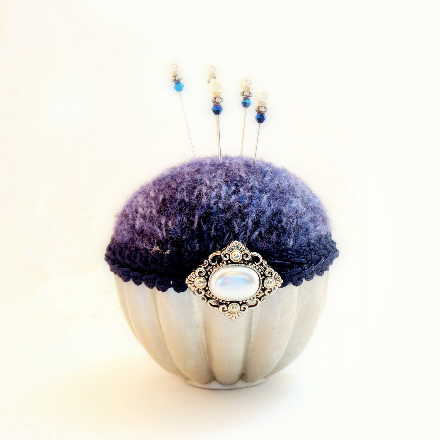 Pincushion needlecraft vintage Jello mold shabby chic cyber Monday denim navy blue felted decorative straight pins TAGT