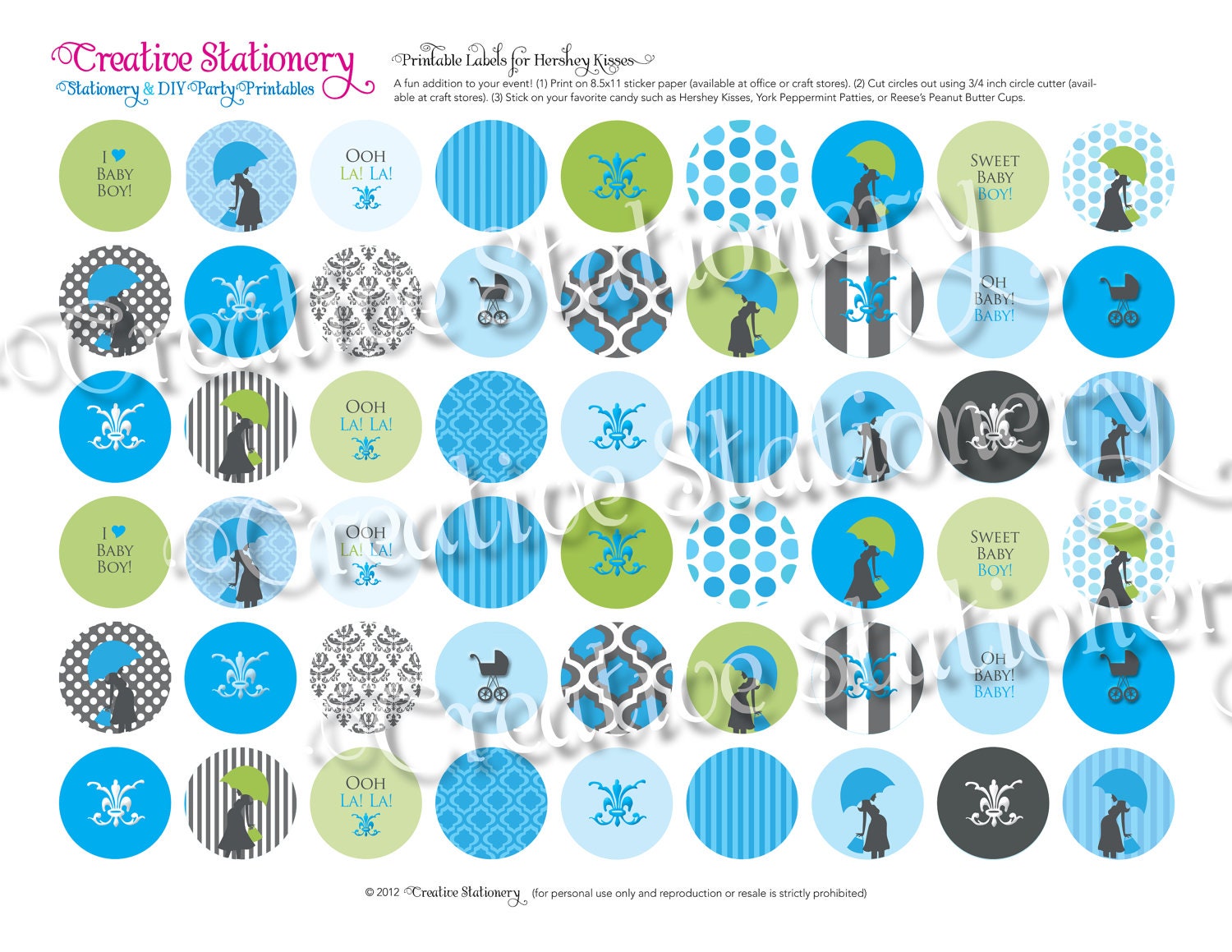 Oh Baby Chic Hersheys Kisses Stickers. Blue, Green, Black and White. Coordinates with Chic Oh Baby Party Package and Invitation.