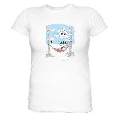 SALE: Rabbit sleeping in hammock drawing on cotton white ring spun T-shirt .