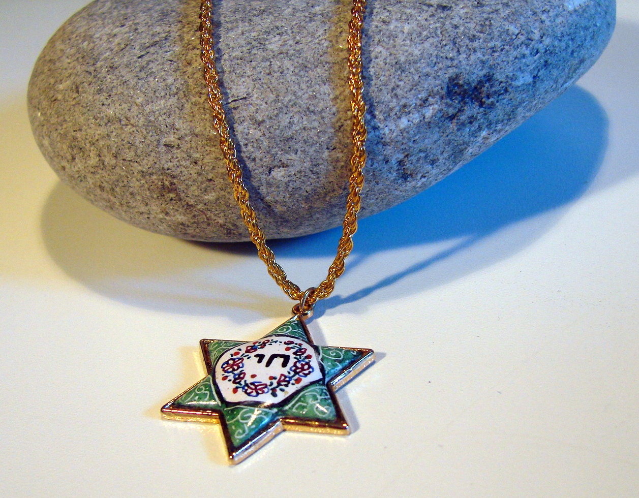Vintage Star of David Porcelain Hand Painted Necklace Chi