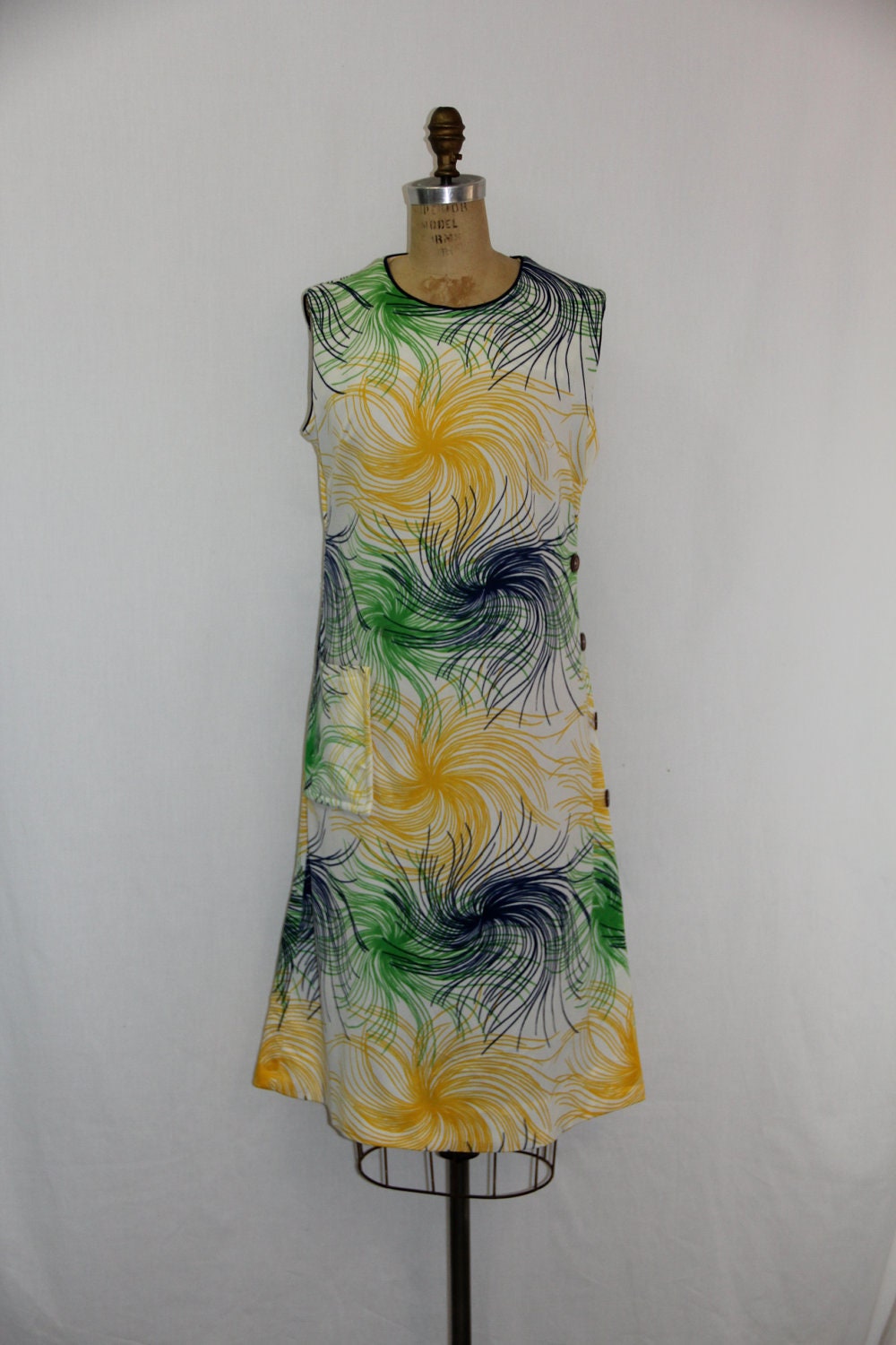 Lg Vintage Dress - Swirl Fireworks Yellow Green and Blue