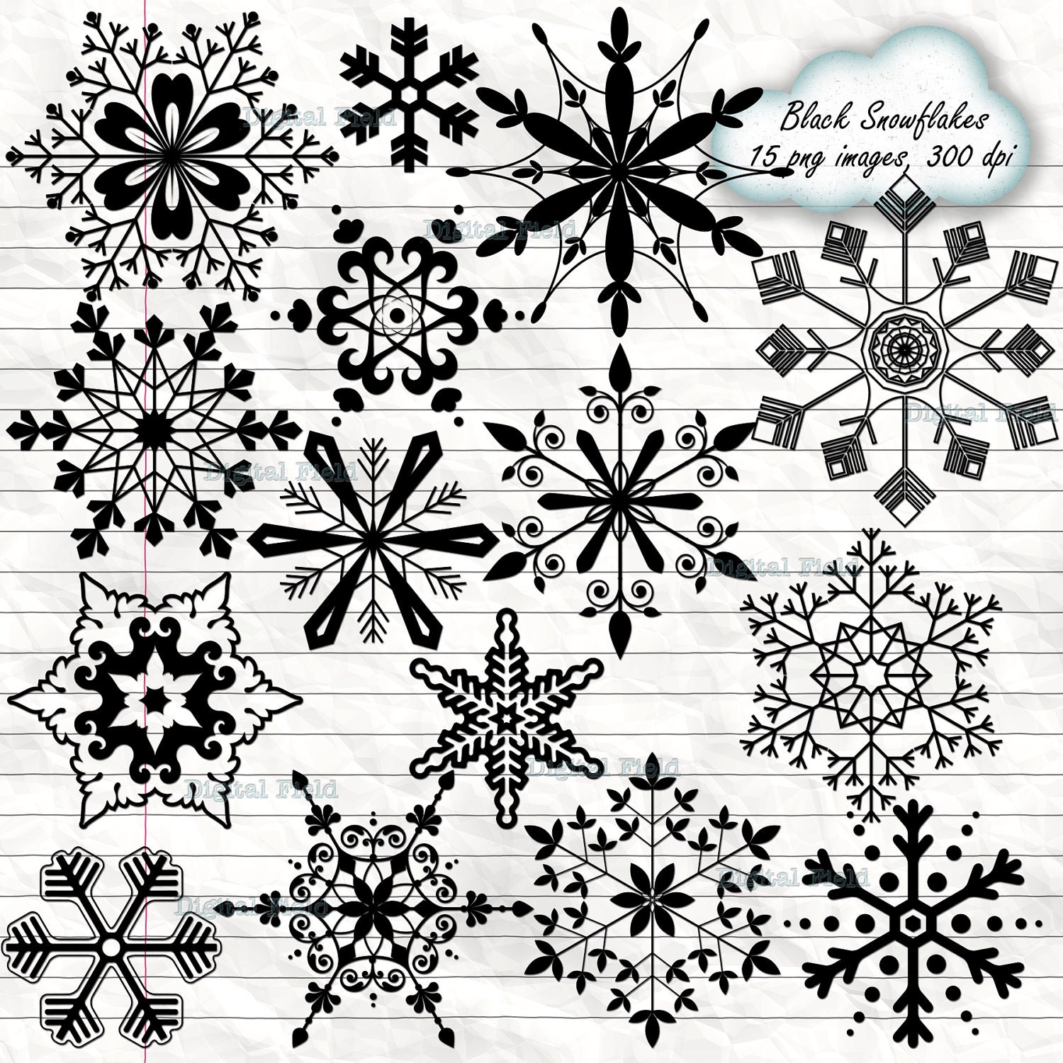 INSTANT DOWNLOAD Black Snowflake clip art set - winter printable digital clipart