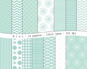 INSTANT DOWNLOAD Mint green digital scrapbooking paper pack - 14 printable jpeg papers, 12x12, 300 dpi