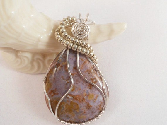 Wire Wrapped Cabochon, Burro Creek Jasper Necklace, Handmade Jewelry, Pendant