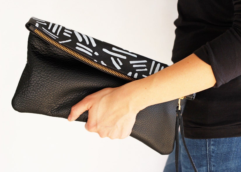 BOGO - leather clutch, large purse, foldover clutch, hand screen printed, SALE