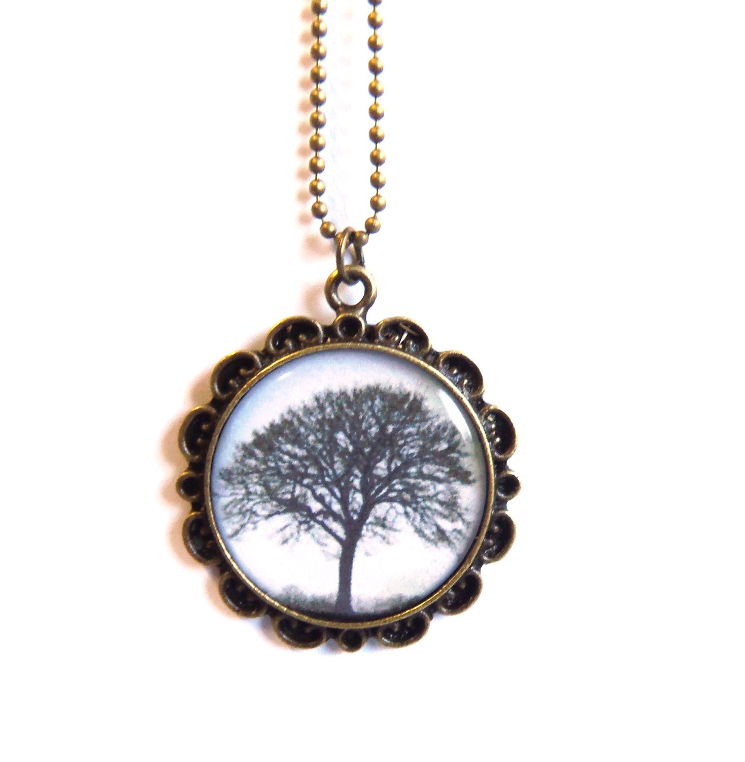 Tree necklace with antique brass floral pendant base - agatechristina