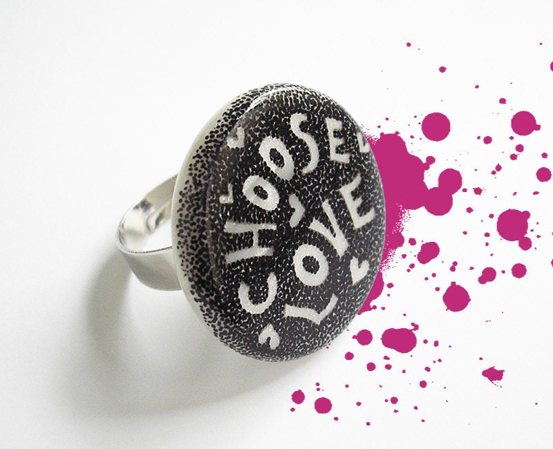 Art Jewelry / OOAK polymer clay ring, black and white ring, hand drawn jewelry / "Choose Love"