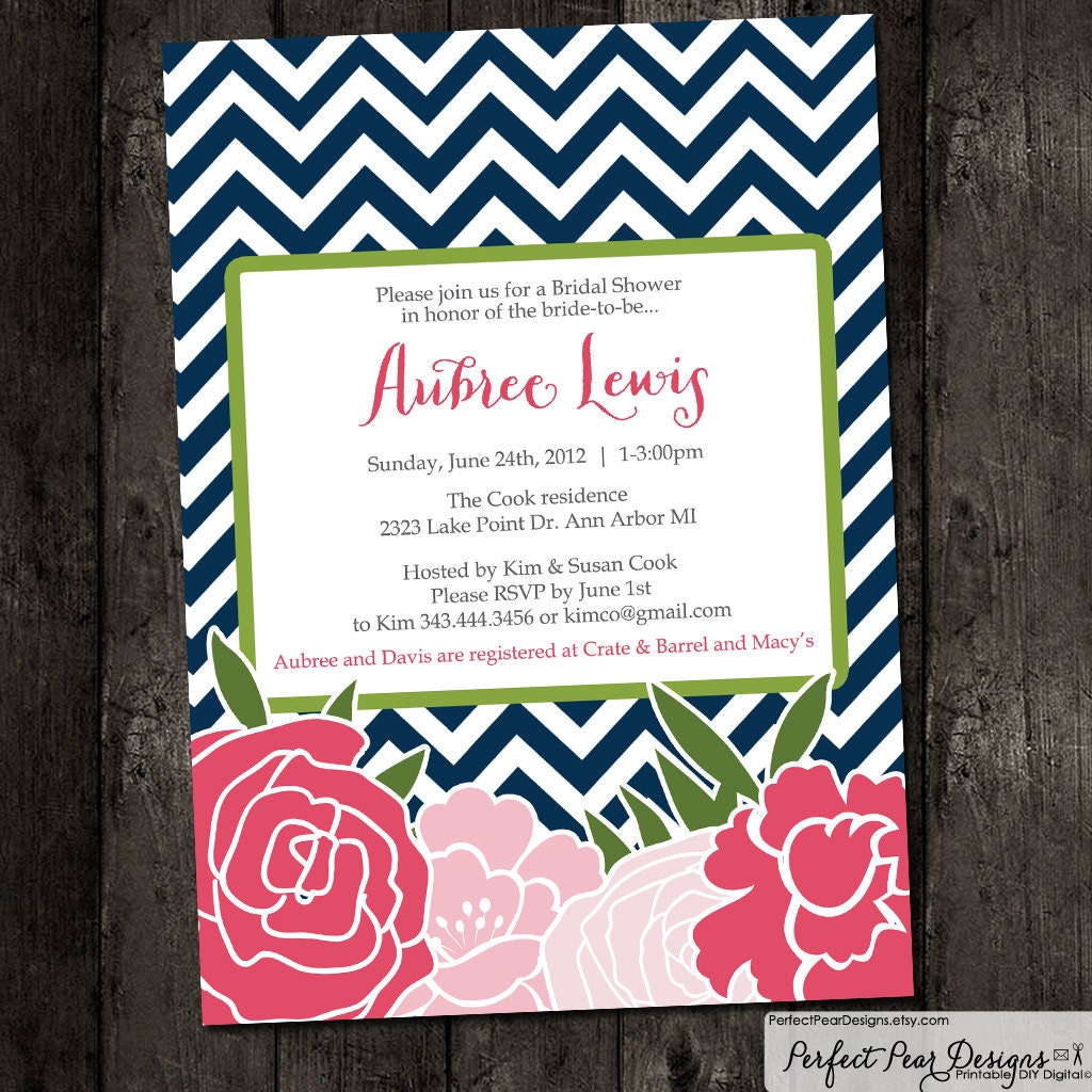 Bridal Shower Invitation - Chevron Flowers - Mod - Floral, Rose, Navy, Blue, Pink, Apple, Lime, Green (DIY Digital Printable)