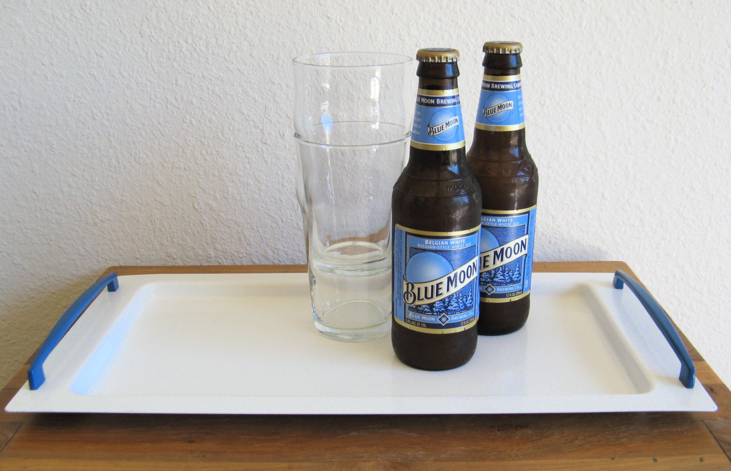 White Metal Tray with Blue Handles