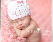 Baby Girl Bear Hat, newborn baby photography prop, pink polka dot bow, white, stretchy, teddy bear beanie, crochet, knit, infant shower gift