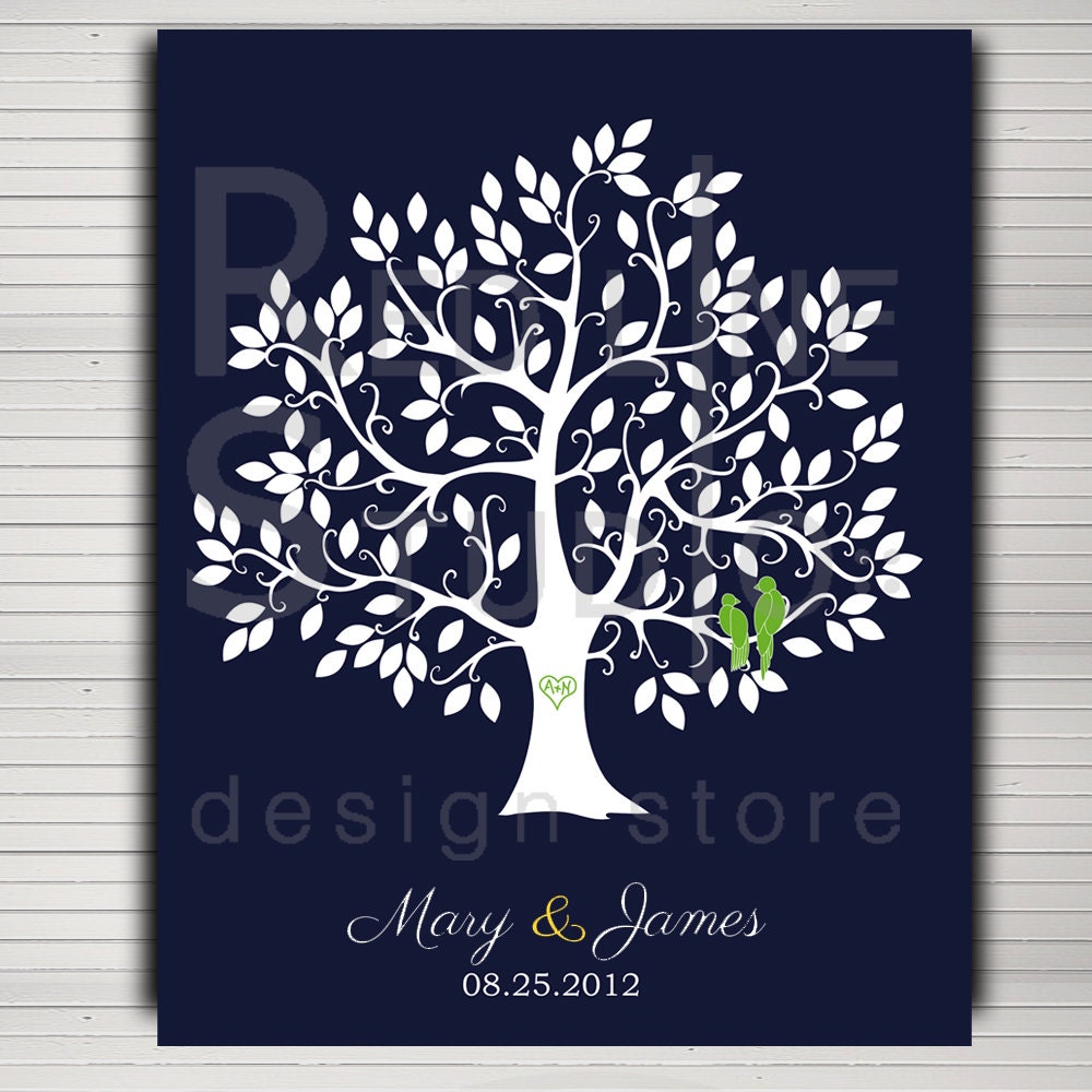 DIY printable wedding alternative guest book. Tree with 130 leaves. Love birds and baby in nest on request.