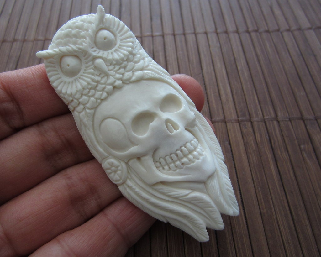 Amazing DEtail Carved Skull and Owl Spirit, Handmade  Bone Carving, Jewelry making Supplies  B3226
