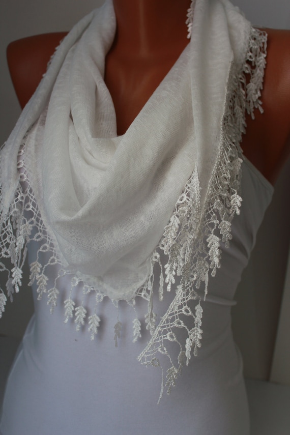 White Shawl Scarf - Headband Cowl with Lace Edge-Summer Trends