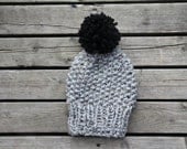 Large Slouchy Oversized Toque/Beanie, Light Grey with Black pompom