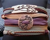 SALE D2E hand dyed silk yoga wrap bracelet with hand stamped blossoming tree and birds on hammered copper with magnetic clasp