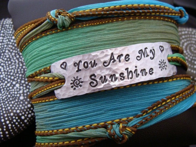 SALE D2E adjustable silk ribbon wrap bracelet hammered and hand stamped "You Are My Sunshine" on Aluminum with magnetic clasp