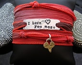 SALE D2E hand dyed silk yoga wrap bracelet with hand stamped  "I love you more"  charm,  sterling silver heart, magnetic clasp, Boho Jewelry