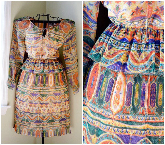 Vintage Mustard Yellow, Green, & Orange Ethnic Abstract Print Peplum  Bow Tie Dress Small  - 1980s