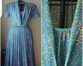 Vintage French Bird Print Jade Green Accordion Pleat Day Dress - Large  - 1970s