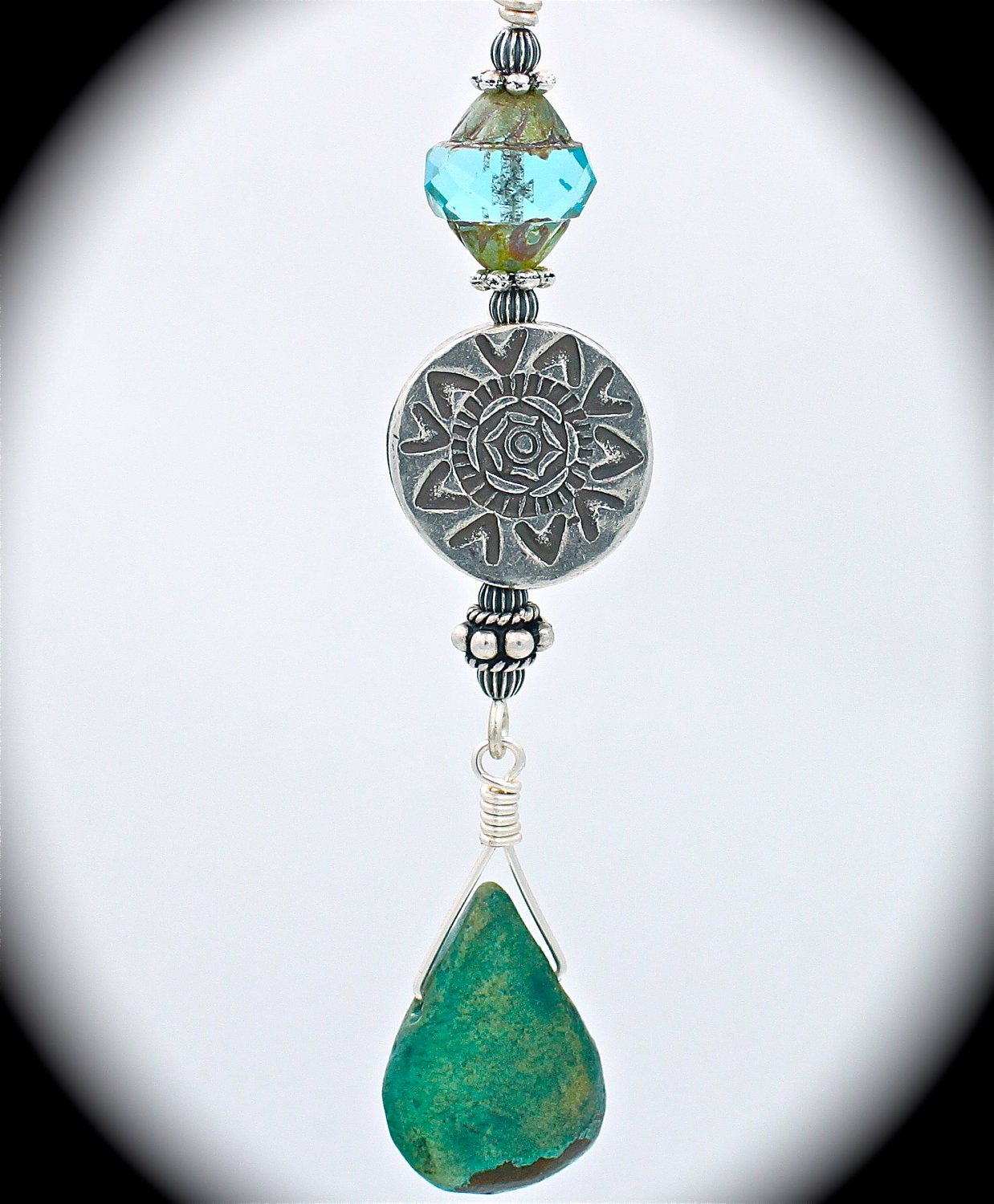 Natural turquoise stone pendant with sterling Hill Tribe bead and vintage turquoise cathedral bead.