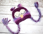 Ready to ship - Violet Crochet Owl Hat - Violet, pink and yellow - Photography Prop - 16 inch size 1 yr - Made to order two days