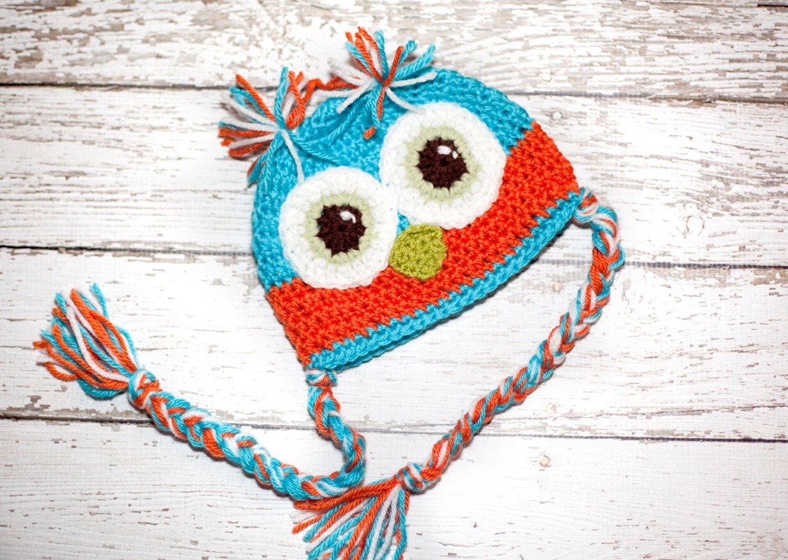 Crochet Owl Hat - Orange and Teal with braided ties - Photography Prop -  16 inch size 1 yr - Ready to ship