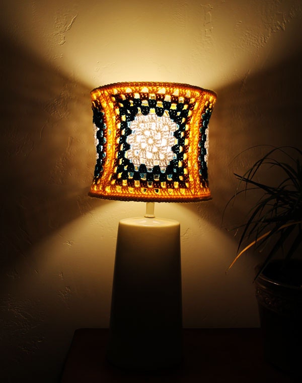 Yellow Lampshade Granny Square Gold Crochet Teal White Retro Unique Lighting Housewares Retro Inspired
