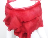 Nuno Felt Silk Australian Merino Wool Hand Dyed Wrap Ruffle Shawl Coral Red