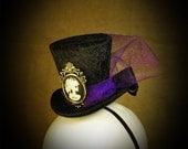 Halloween, Burlesque, Gothic, Steampunk, Victorian, Showgirl, Mad Hatter, Black Velvet Mini Top Hat  with Skull Cameo