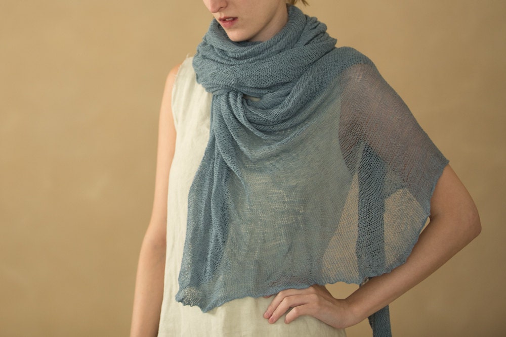 Blue women knit scarf ,organic knitting shawl