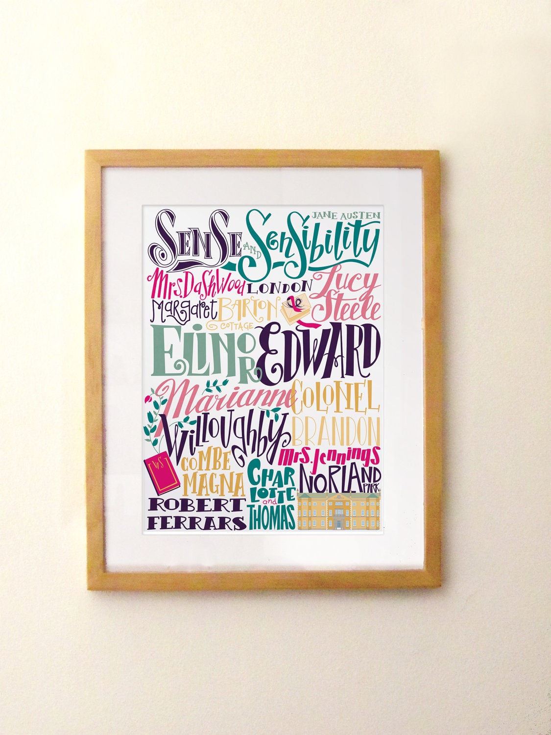 Jane Austen poster - Sense and Sensibility print - characters and places(12,60 x 18,10)