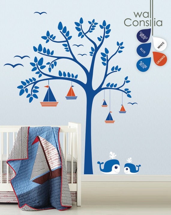 Baby Nursery Wall Decals - Sailboats Tree Wall Decal - Tree Wall Decals - Large: approx 88" x 75" - K005