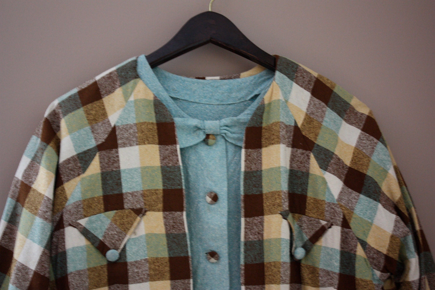 Vintage 60s Pastel Plaid Bow Suit Set (LARGE)