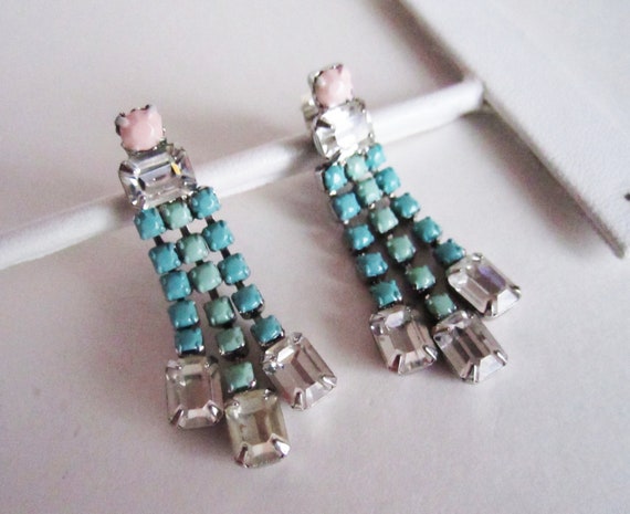 The Kimberly Earrings - Vintage 1950s One Of A Kind  Hand Painted Pale Pink Turquoise and Mint Rhinestone Earrings