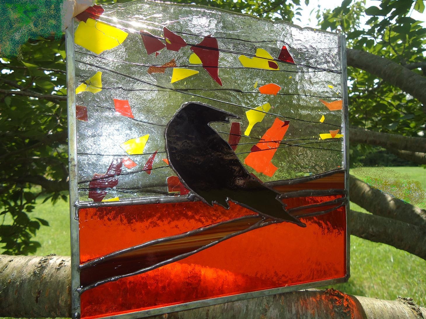 OOAK Halloween Crow Stained Glass Transom Window Suncatcher Panel Modern 12 x12 - HelioGlass