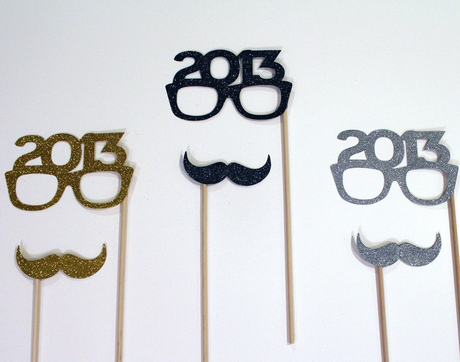 Perfect Holiday Photo Props - Set of 6 - Gold, Silver and Black Glitter Mustaches and 2013 Glasses - New Years Props - Photo Booth Props - PAPERandPANCAKES