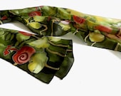 Hand painted silk scarf in green and red , with woodland natural motive.Made to order. - ArmeniaOnSilk