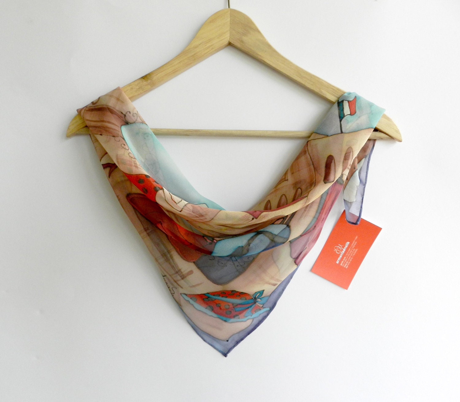Paris. Pure silk scarf, hand painted in cold batik technique. Ready to ship. Free shipping