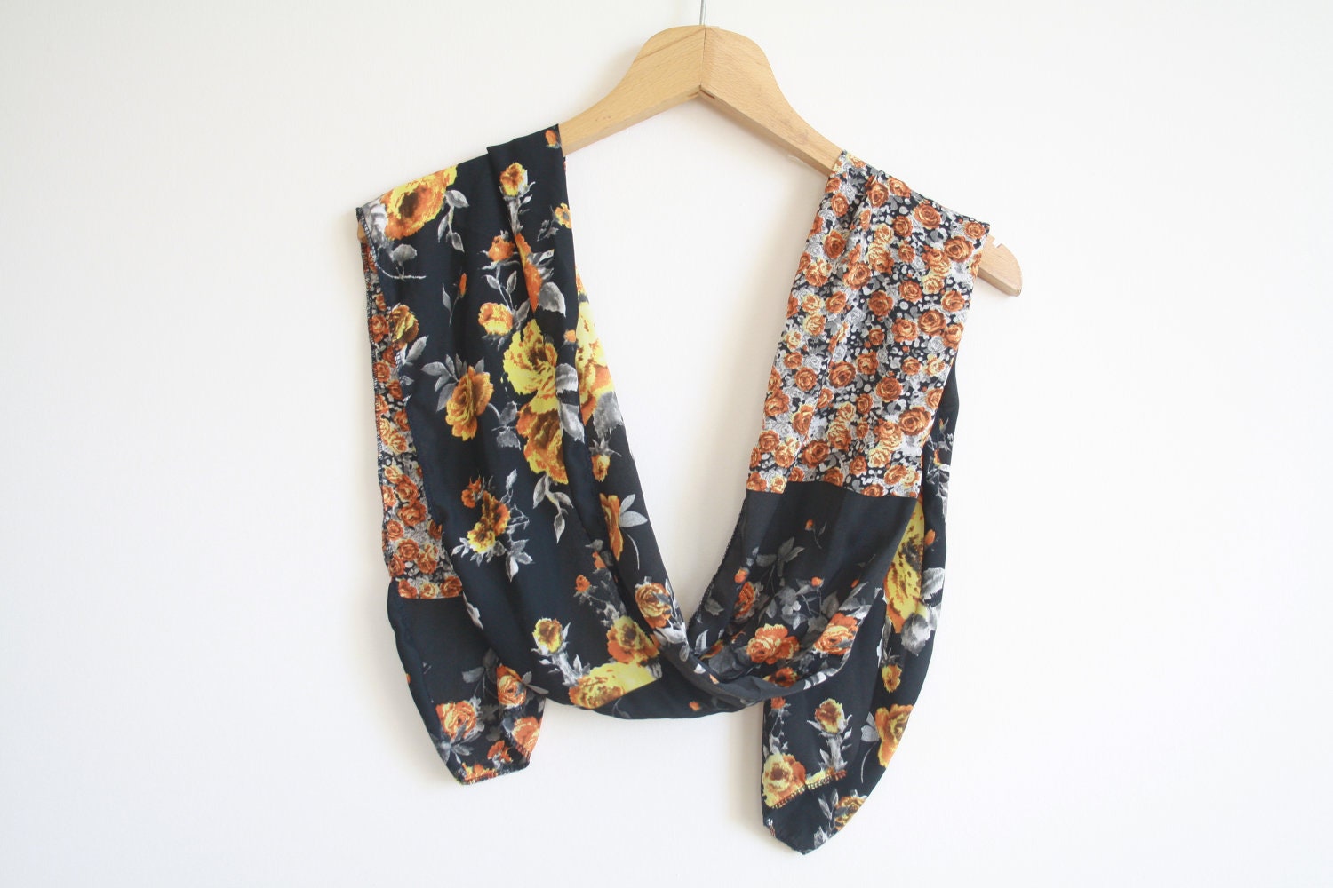 FREE SHIPPING, Black Elegance Chiffon Scarf With Orange Flowers - High Quality Shawl For You, Fashion Scarf