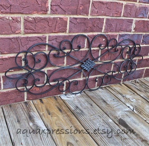 Metal Wall Fixture /Shabby Chic Black /Distressed Patio Decor /Painted Bright /Outdoor Up Cycled Iron Art /Ornate Design